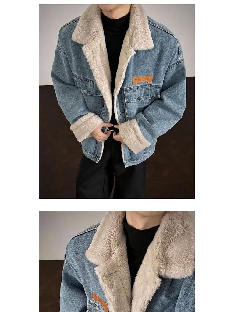 Men's Retro Velvet Denim Jacket – Trendy, Warm, Unisex, Loose-Fit with Multi-Pockets