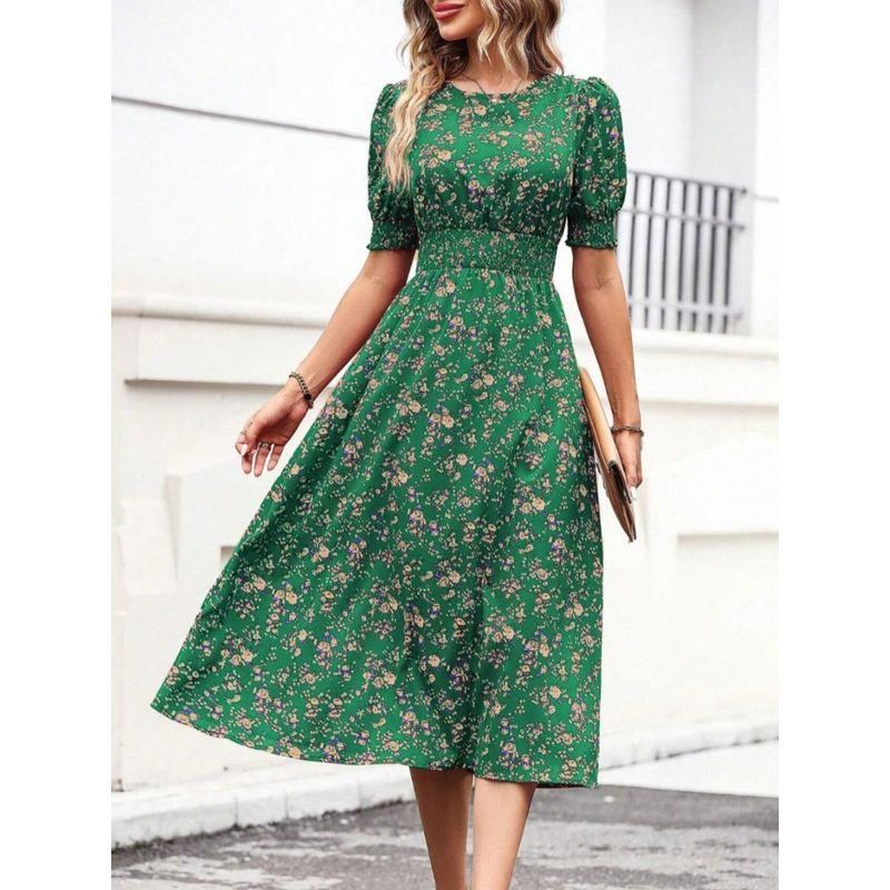 Sweet Summer New Arrival European Fashion Round Neck Small Floral Elastic Waist Tight Waist Puff Short Sleeve Mid Length Long Length Dress