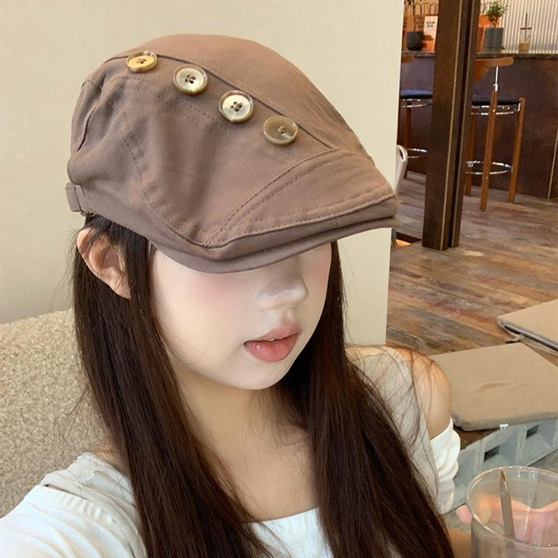 Personalized Retro Button Brown Forward Hat Children Autumn and Winter Spice Girl Big Head Circumference Show Face Small Beret