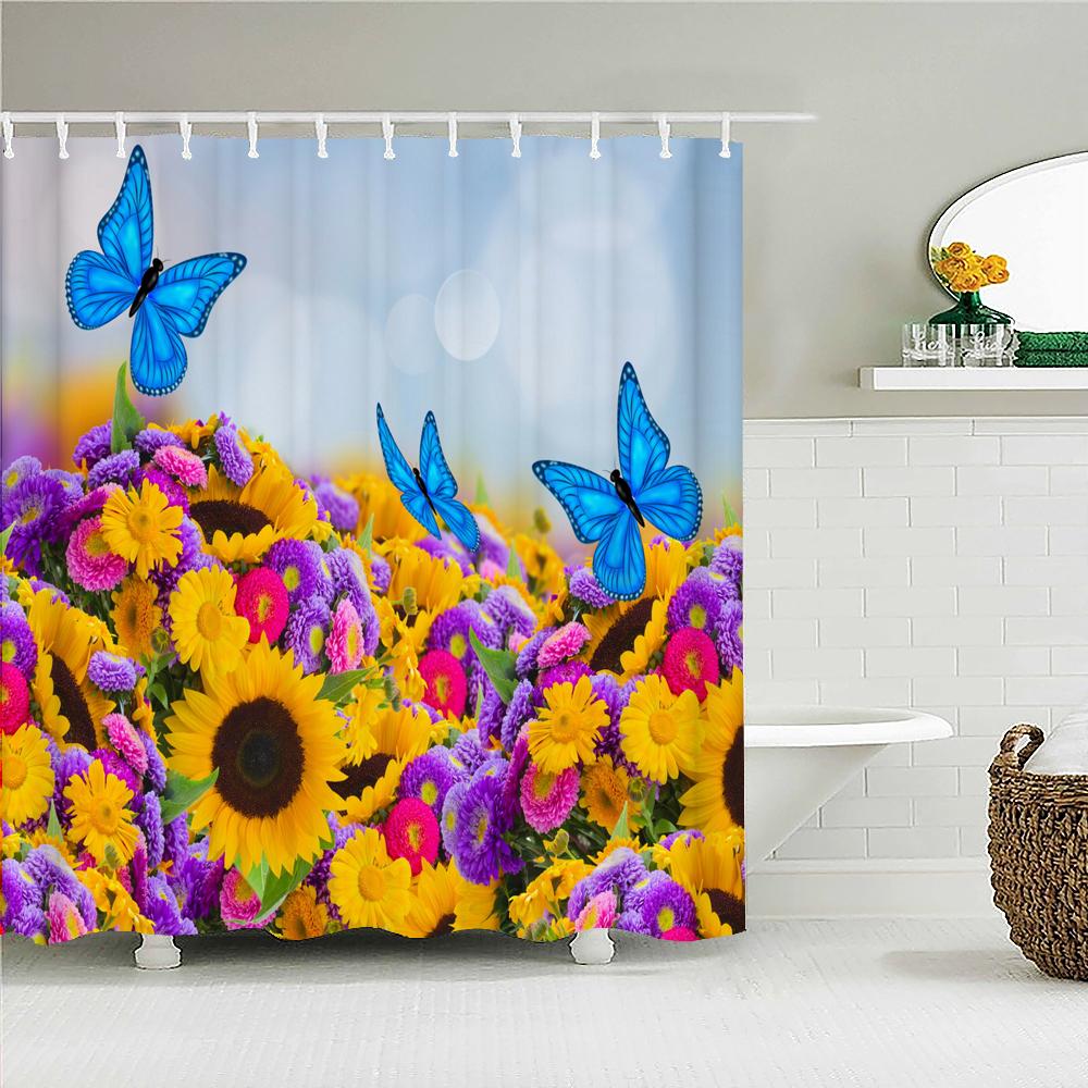 Colorful Flower Butterfly Fabric Shower Curtain Bathroom Curtains with Hooks Waterproof Printing Floral Bath Curtain Home Decor