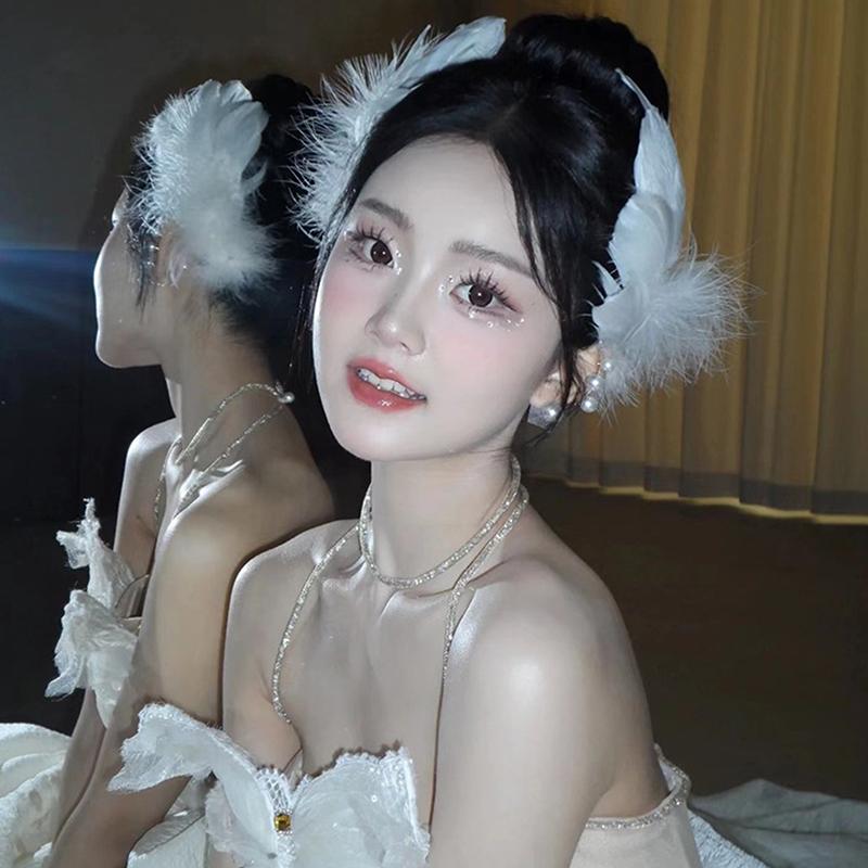 White Swan Feather Faux Pearl Hairpin Headwear Ballet Style Stage Performance Side Clip Girl Party Hair Accessories Gifts