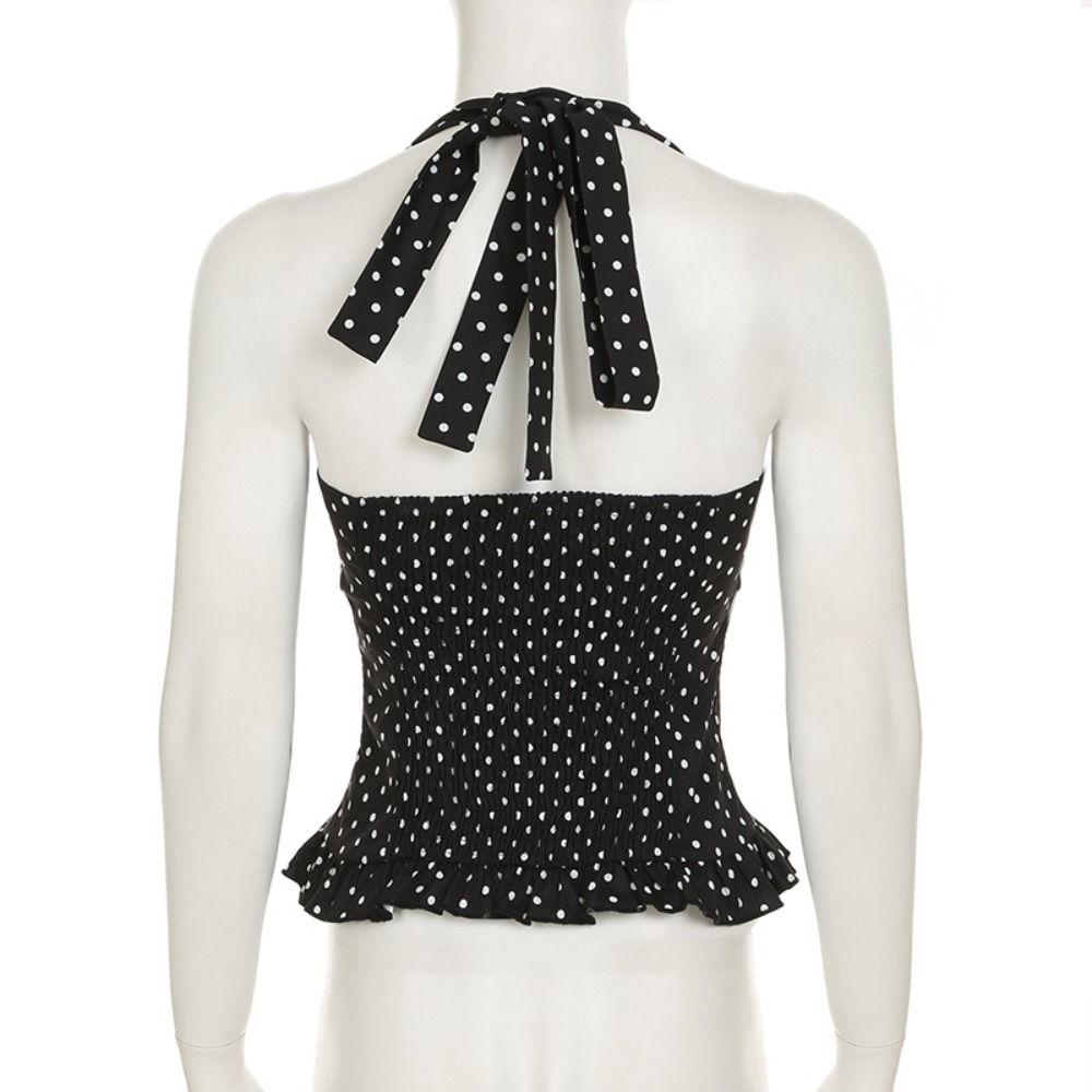 Dot Halter Ruffle Vest Top Lace Up Women Camisole Fashion Sleeveless Crop Top  Streetwear