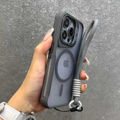 Lens Holder Magnetic Frosted Phone Case for IPhone 16 15 Plus 14 13 12 Pro Max Wrist Strap Soft Edged Silicone Shockproof Cover