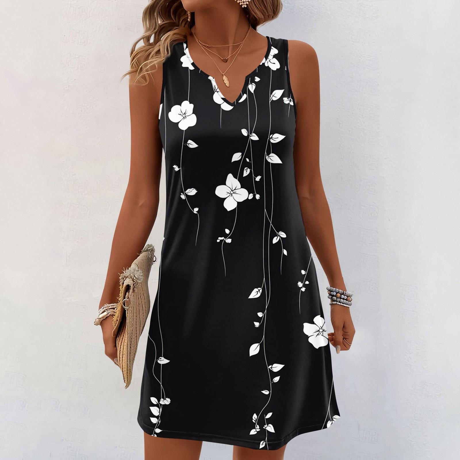 

Женские летние платья с V-образным вырезом и принтом без рукавов Сарафан Повседневное платье L чёрный