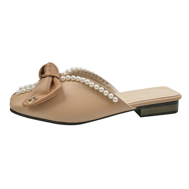 Baotou slippers spring wear 2025 new Korean version bow pearl flat bottom soft bottom mouth cool retro half slippers