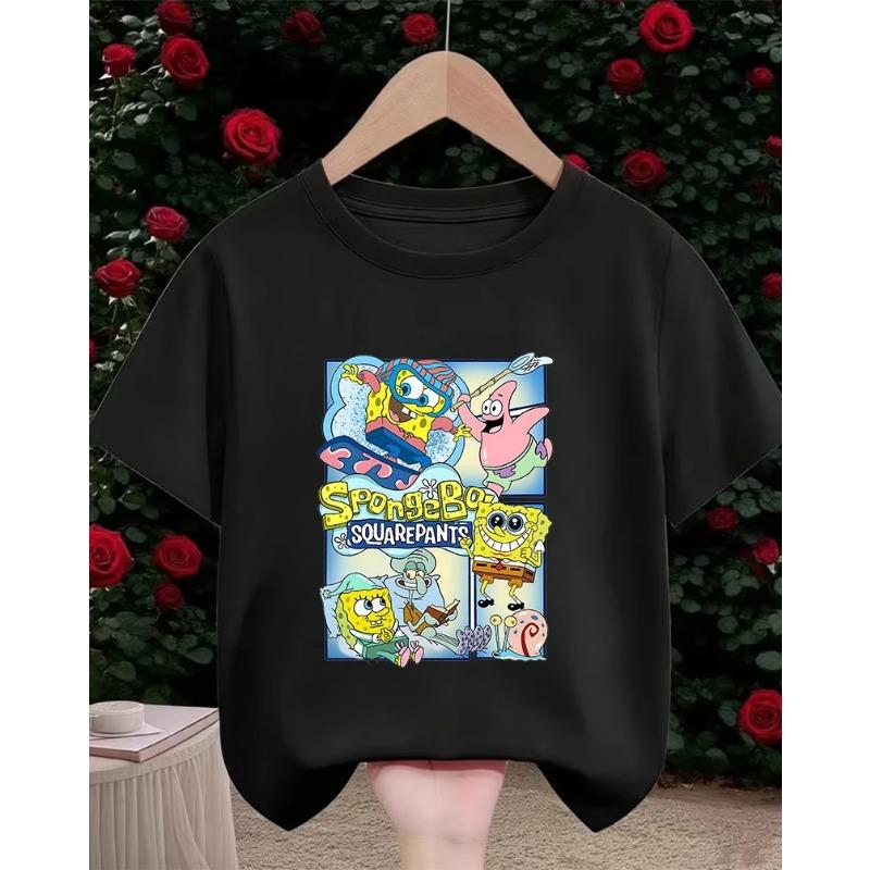Summer Cute SpongeBob SquarePants Cartoon T Shirt 3-14Y Boys Girls Kawaii Fashion Street Hot Casual Crew Neck Kids