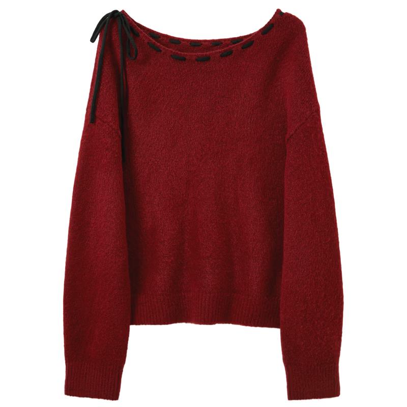 Sancai Women s Off-Shoulder Bow Tie Pullover Sweater L