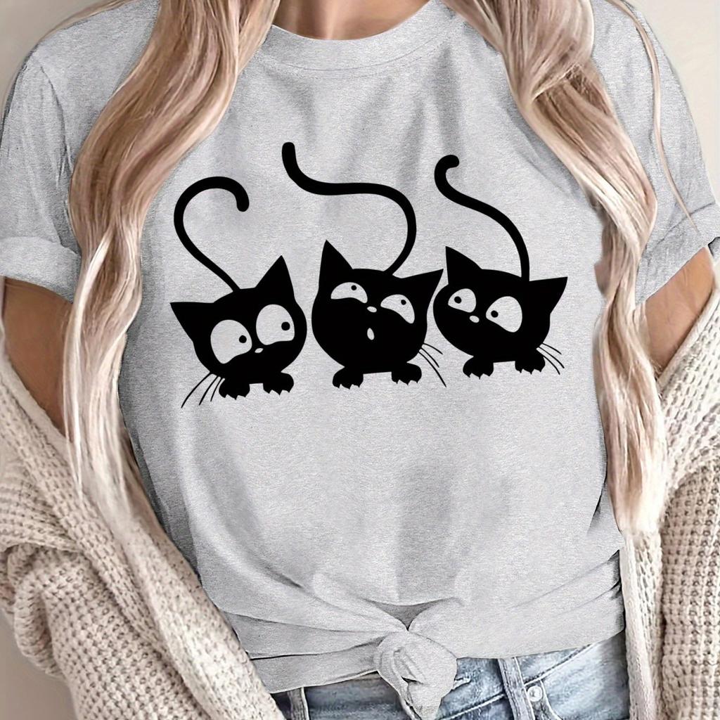 Womens Cute Black Cat Prints Tshirt Summer Breathable Fashionable and Versatile Unisex Streetwear Comfortable Harajuku Tops