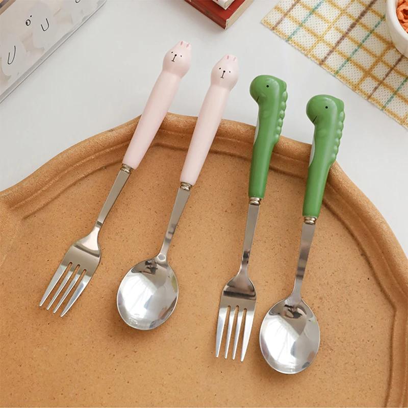 Ins Cartoon Bear Dragon Spoon Fork Chopsticks Cutlery Set for Children Kids School Cute Portable Stainless Steel Tableware
