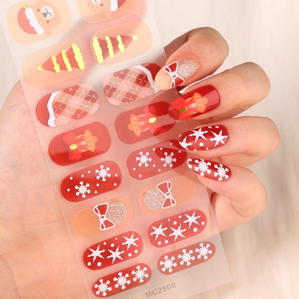 16-Piece European/American Christmas Gel Nail Stickers – No-Bake, French Manicure Style