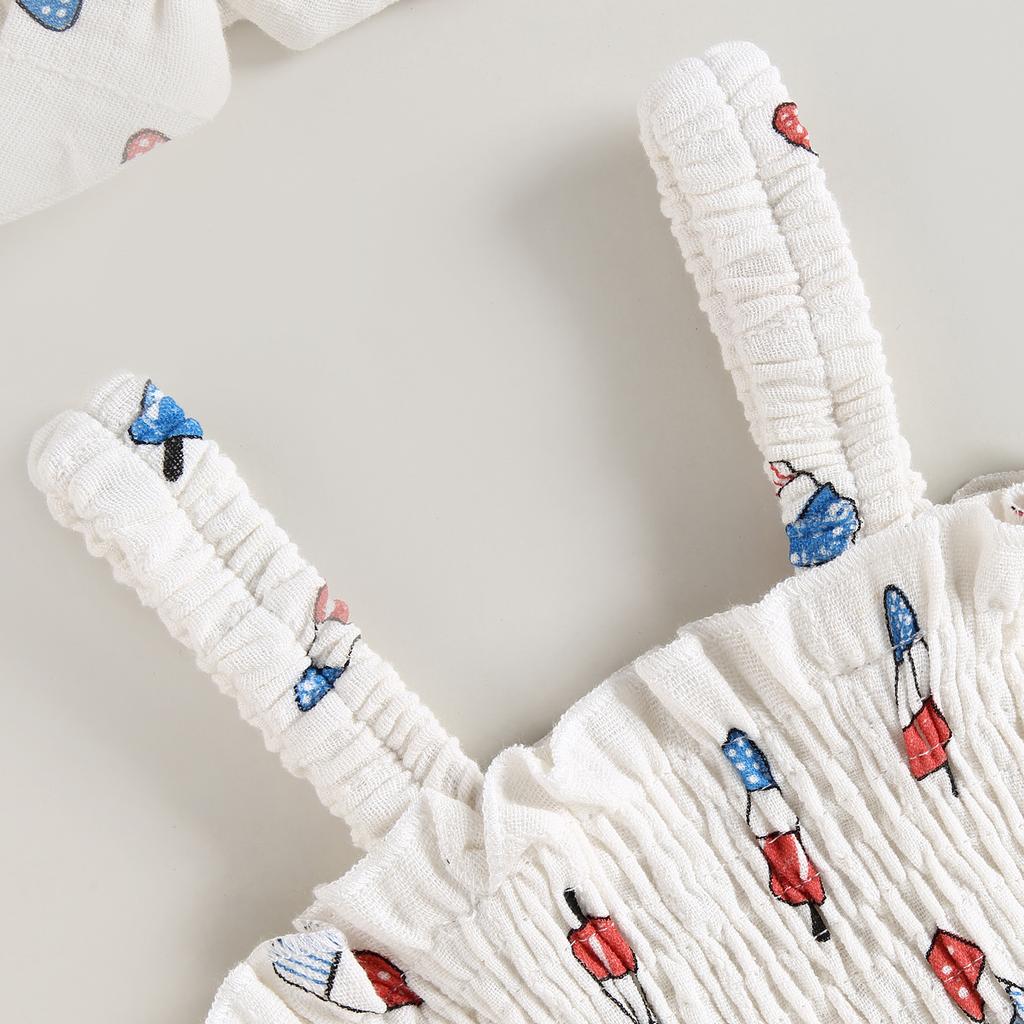 Independence Day Baby Girl Jumpsuit Set Summer Ice Cream Print Sleeveless Ruched Rompers and Stretch Headband