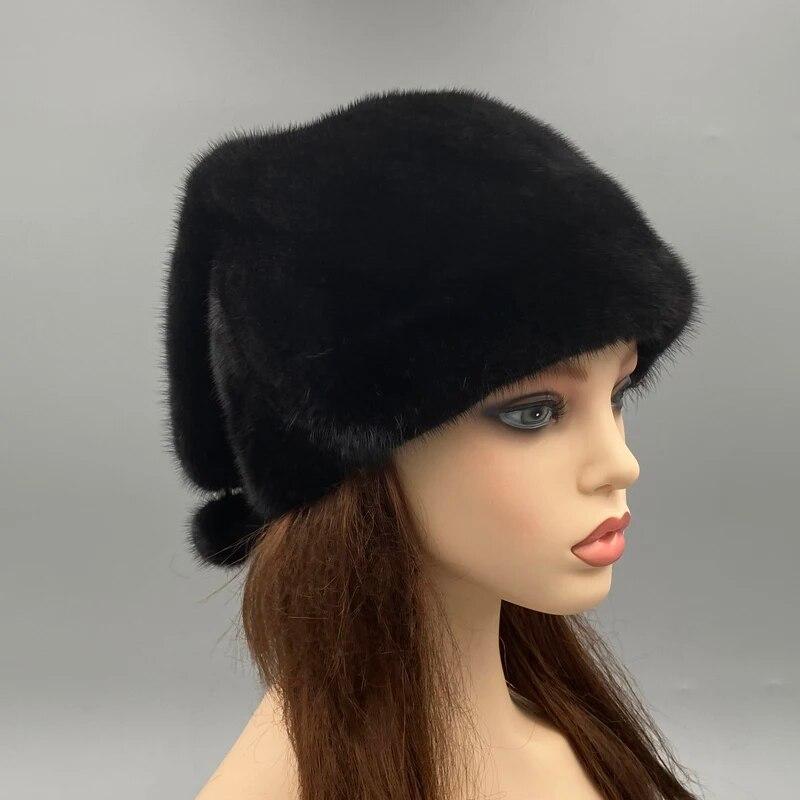 Chapéu de pele de vison natural para mulheres, chapéus quentes de inverno com bolas, chapéu preto luxuoso de natal, cabeça ajustável, tamanho 55-62cm