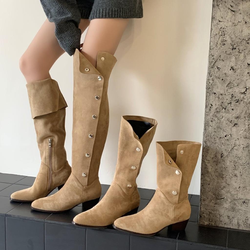 Three kinds of tube high button high boots slim pile boots western cowboy thick heel knight boots women 2025 autumn and winter