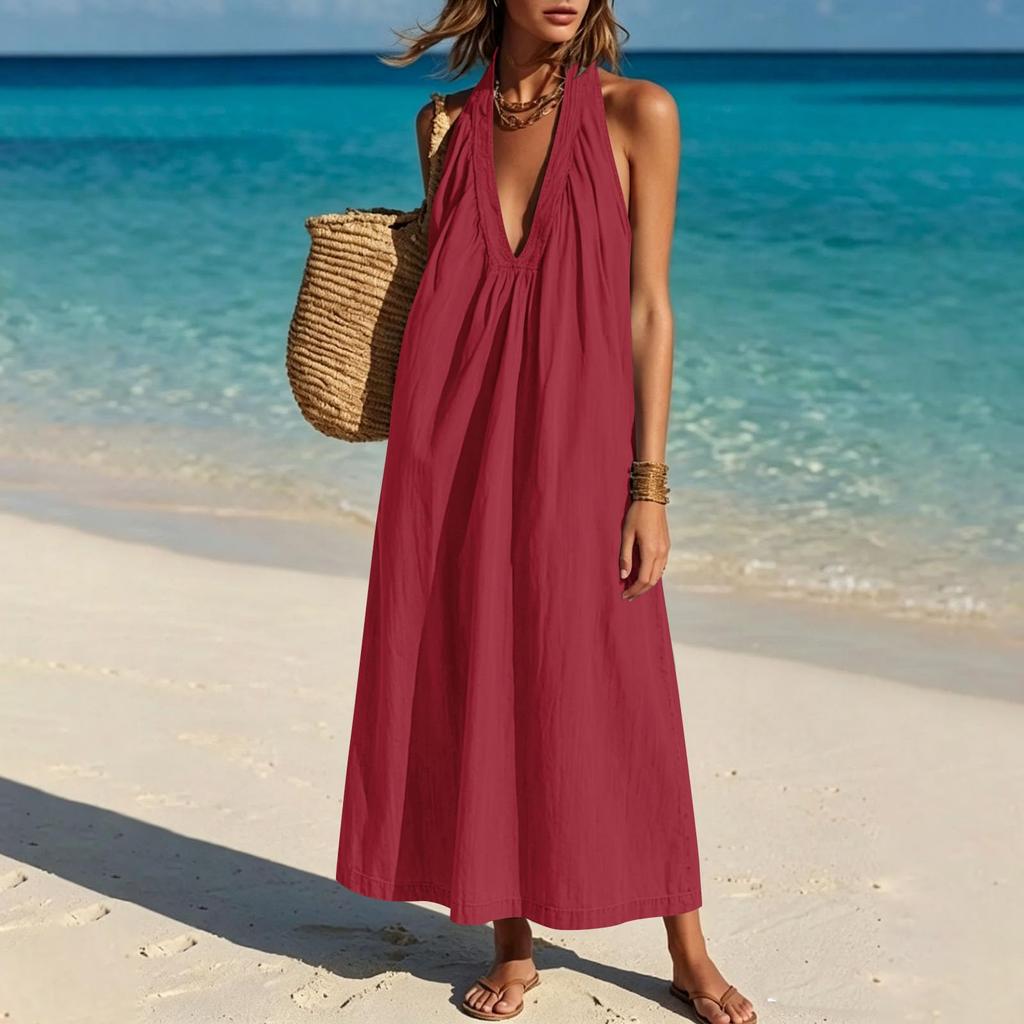 Women's Fashion Sleeveless V Neck Backless Casual Loose Fit Long Dress Summer Beachwear Maxi Dress
