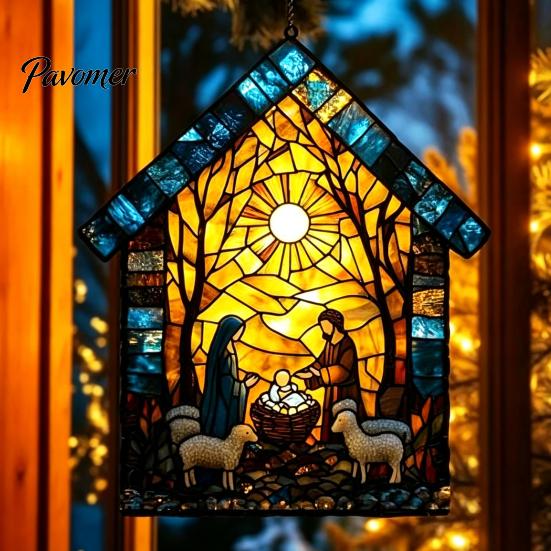 Decorative Acrylic Rainbow Prism Nativity Scene Sun Catcher, Stained Glass Effect Suncatcher, Hanging Decor Window Ornament for Home Religious