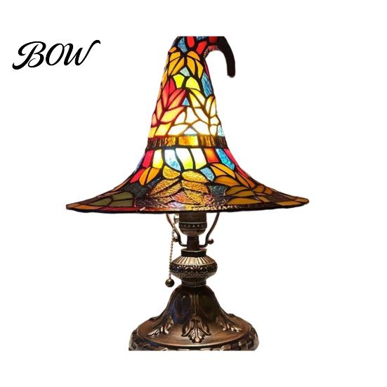Warm Ambient Lighting Stained Glass Style Witch Hat Lamp, USB Powered Resin Wizard Night Light Retro Gothic Lamp with Sun Star, Halloween Table
