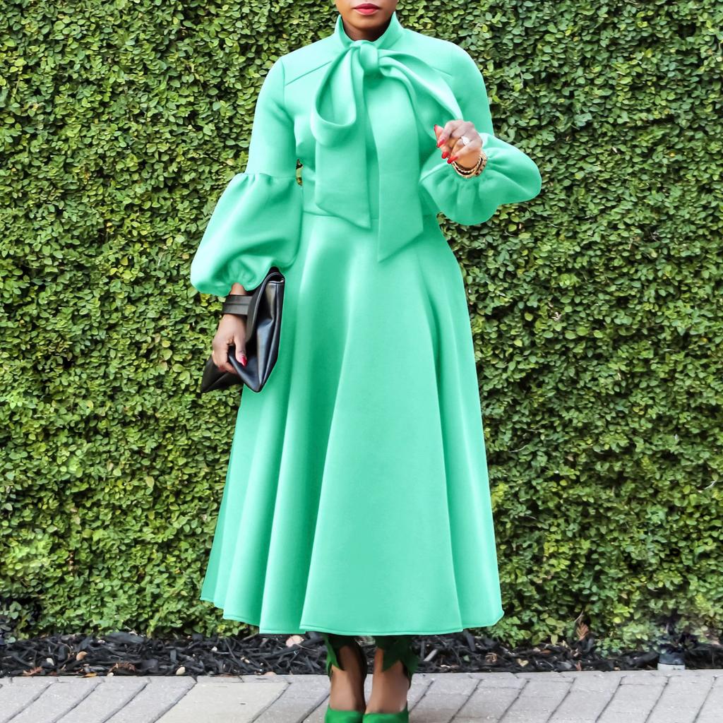 Women Long Sleeve Elegant Dresses Bow Collar High Waisted Pleated Mid Calf Luxury Birthday Party Vestidos Mujer Dress