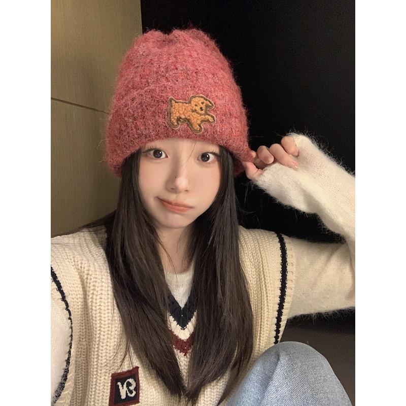 Puppy Cloth Woolen Hat for Women in Autumn and Winter Large Head Circumference Small Face Warm Ear Protection Fashionable Knitted Hat