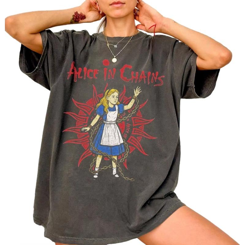 Cotton Unisex Y2k Unisexs And Unisexs Tshirtfan Gift Alice In Chains Band Retro Alices Adventures In Wonderland Pattern Tshirt