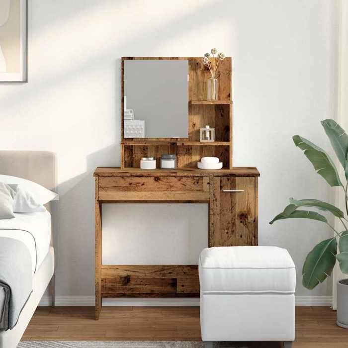 VidaXL Coiffeuse avec miroir vieux bois 86,5x35x136 cm, table de maquillage, table cosmétique, coiffeuse avec tiroir, table 857009