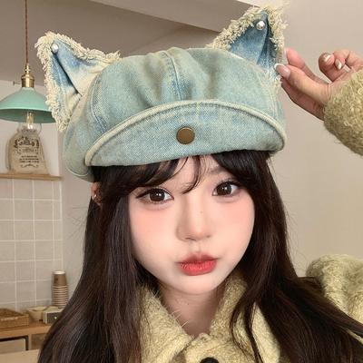 Japansk Ny Stil Keps med Uppfällbar Skärm och Kattöron för Kvinnor Tvättad Gammal Åttakantig Hatt Mångsidig Basker Söt Denim Gubbkeps