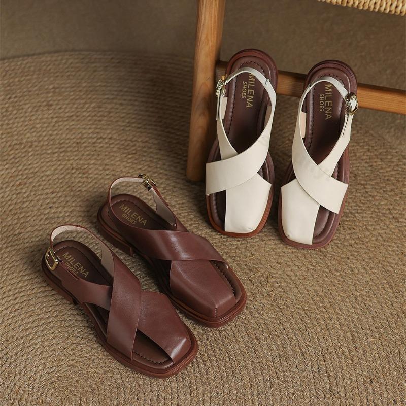 Fashion Roman Style Retro Square Head Women's Casual Flat Sandals 2025 Summer Fashion Hollow Versatile Soft Soled Comfortable Cool Shoes