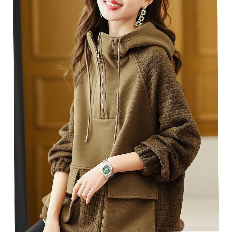 Damtröja Höst och vinter Nytt mode koreanskt temperament Färg Kollision Skarvning Huvtröja med dragkedja Kvinna