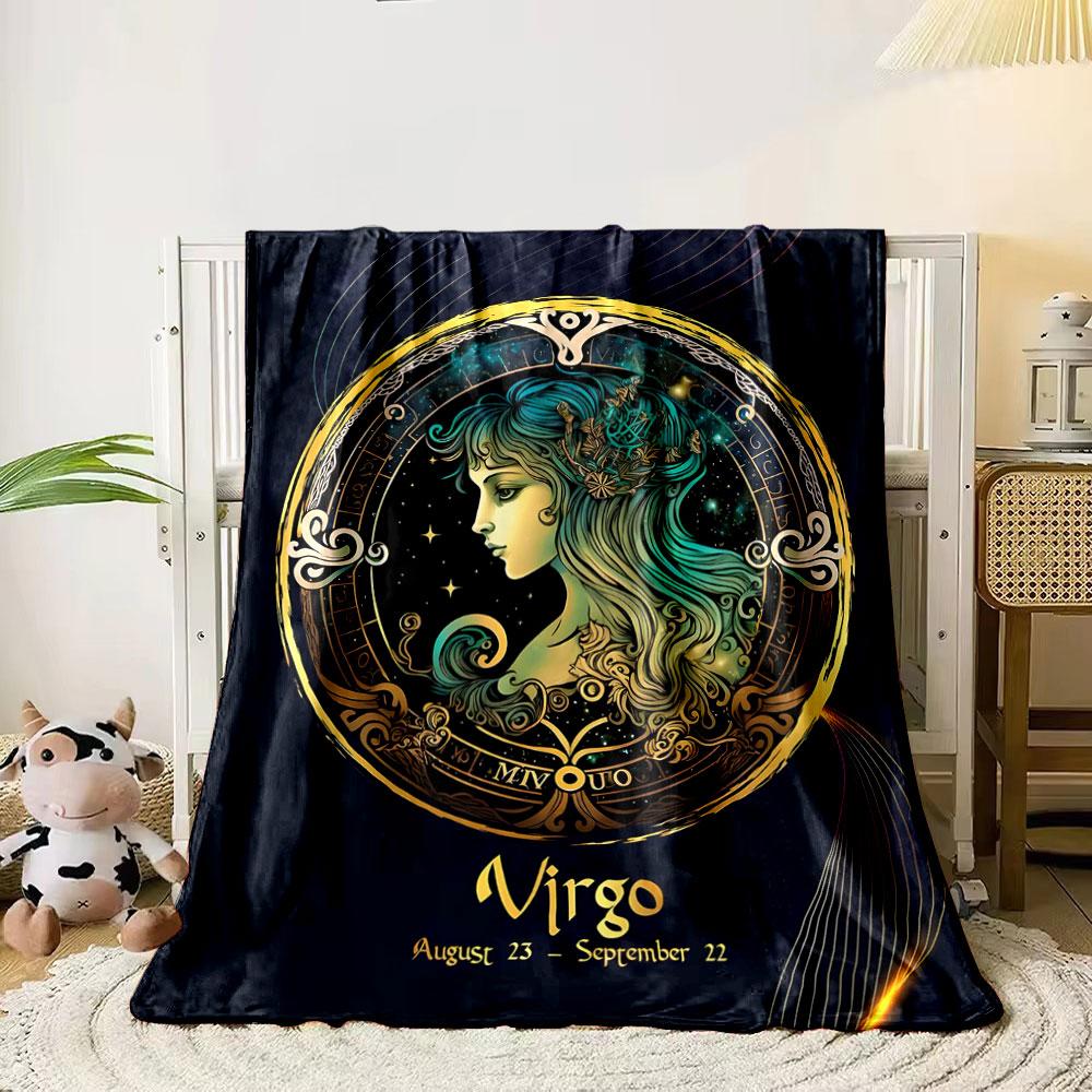 

Golden ornamental circle with Virgo-themed celestial and floral designs. for all seasons blanket lunch break throw gift 80cm x 120cm