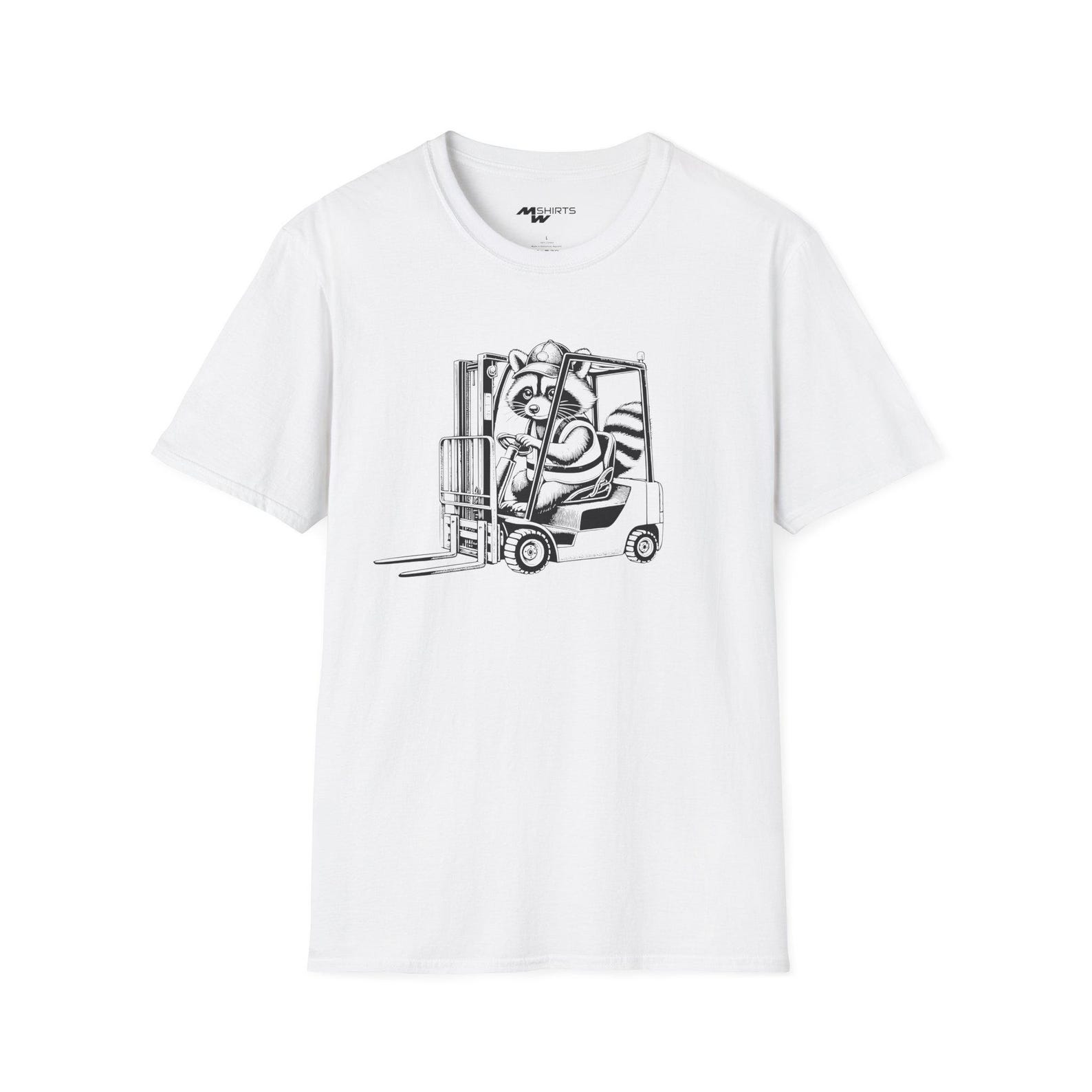 Engraving-Style Raccoon on Forklift T-Shirt/ Unisex Softstyle T-Shirt 2XL