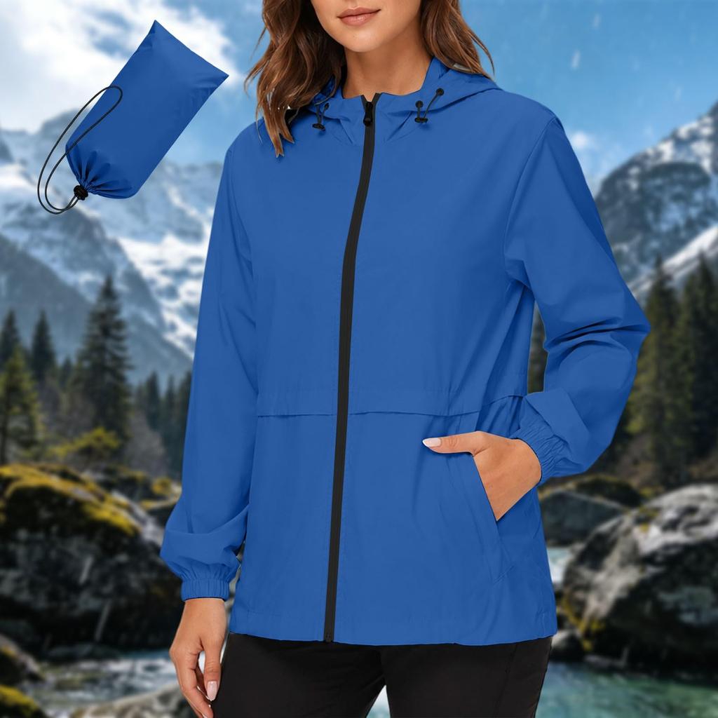 Women's Waterproof Windproof Hooded Jacket Lightweight Outdoor Raincoat Full Zip Front Pockets Adjustable Drawstring Hood