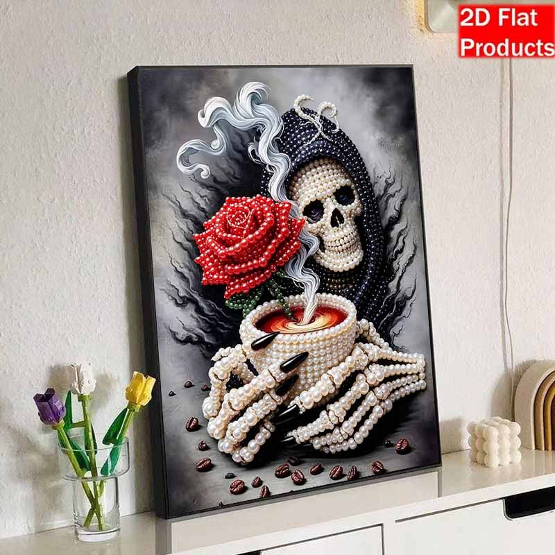 Frameless Pearl Painting Kit Gothic Skeleton Red Rose Coffee Pattern DIY Shiny Bead Canvas Creative Leisure Craft Gift for Adults