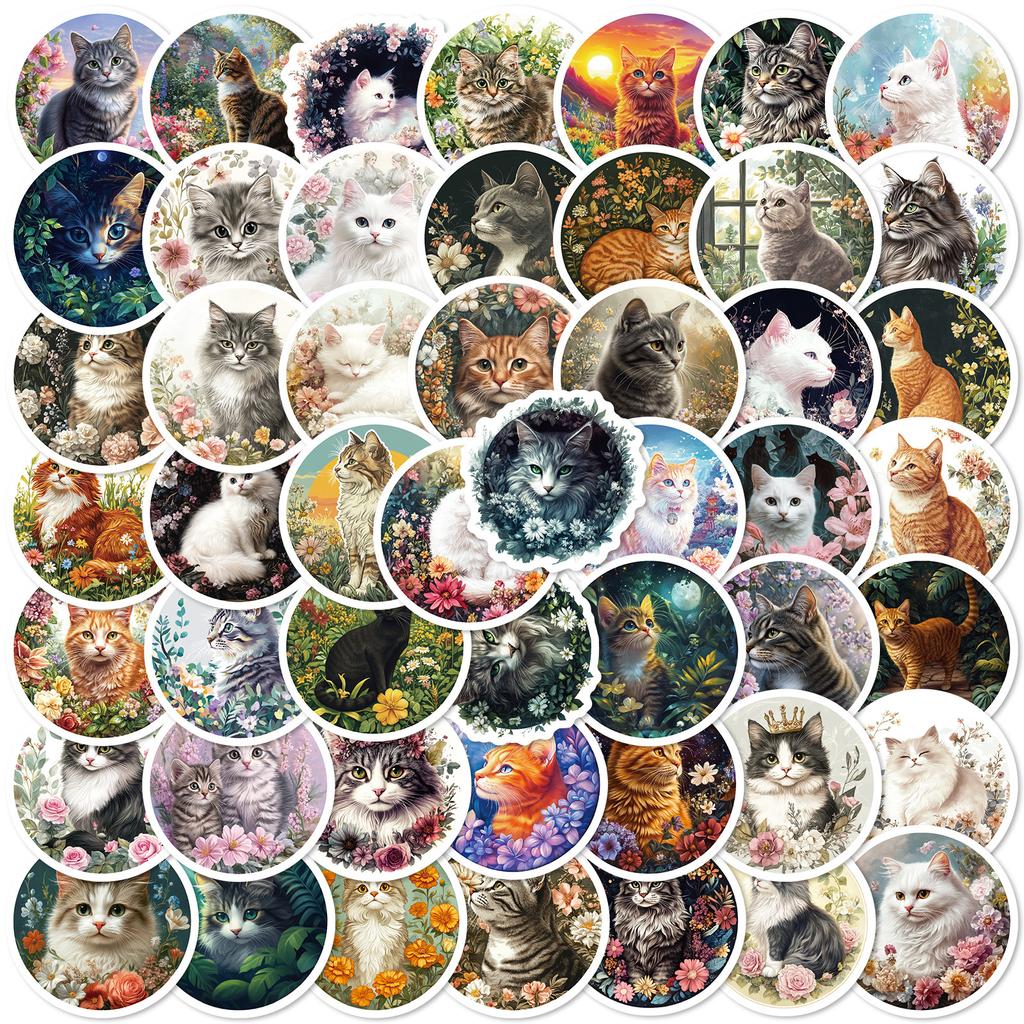 50 Round Retro Style Watercolor Cat Graffiti Stickers Floral Theme Non-Repeating Stickers