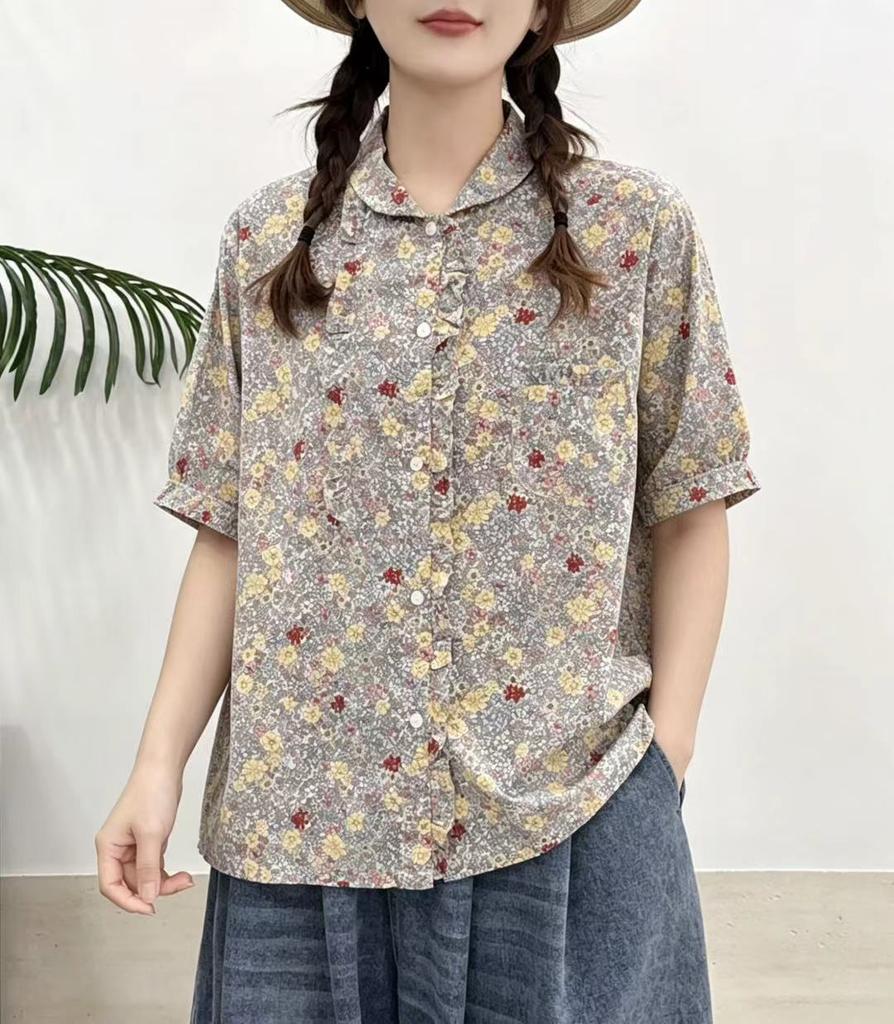 1116 Sommer Neu Damen Revers Japanisches Baumwollhemd Lockeres Hemd Oberteil Bedruckt Retro Literarischer und Künstlerischer Stil
