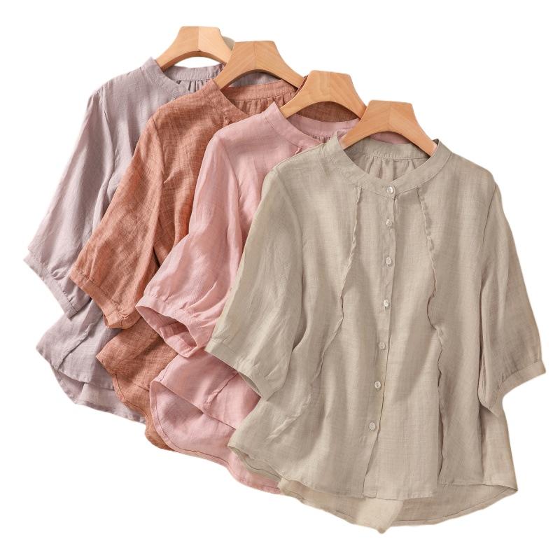 Summer Shirt Art Retro Loose Solid Color Stand Collar Short Sleeve Blouses Women's Shirt Top