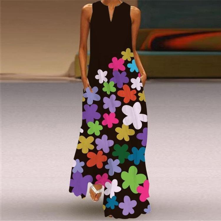 Retro Summer Sleeveless V Neck Multicolor Fashion Maxi Dress