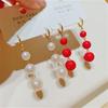 South Korea Red Pearl Long Tassel Earrings Festive Temperament Imitation Pearl Dangle Earrings Exaggerated Women Jewelry
