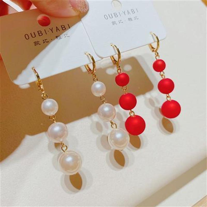 South Korea Red Pearl Long Tassel Earrings Festive Temperament Imitation Pearl Dangle Earrings Exaggerated Women Jewelry