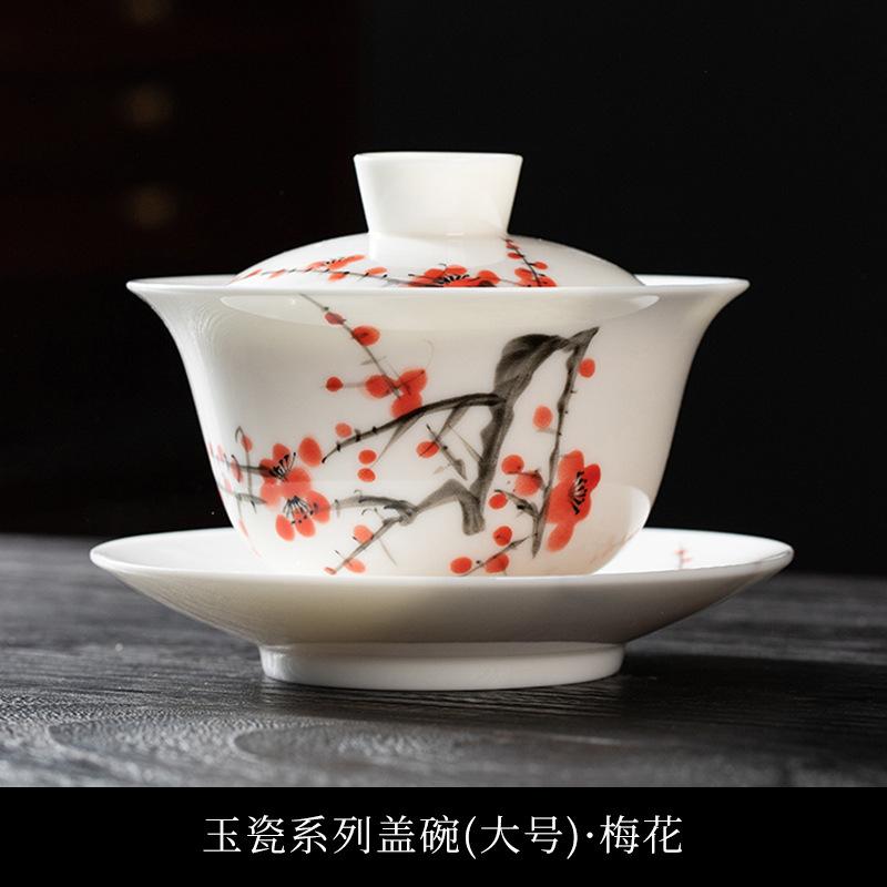 Hand-Painted Suet Jade Hover Lid Bowl Teacup Single Ceramic Suspension Sancai Tea Bowl White Tea Bubble Tea Bowl Tea Set