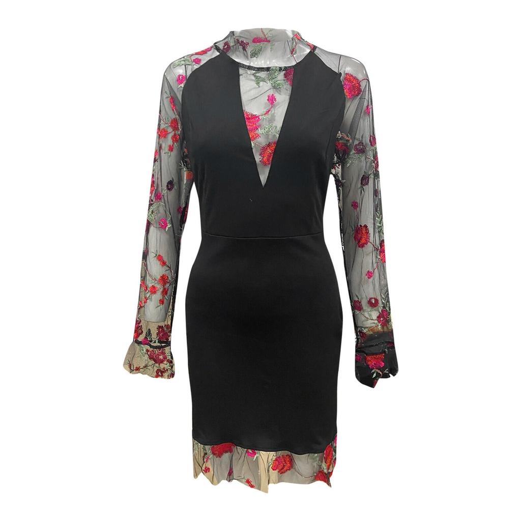 Fashion Women's Hot Stamping Dress Long Sleeve V-Neck Sexy Knee Dress