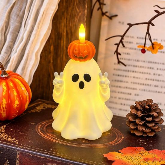 Safe Flameless Candle Cute Halloween Ghost/Pumpkin LED Night Light for Desktop Decoration, Battery Operated Table Lamp Nursery with Warm