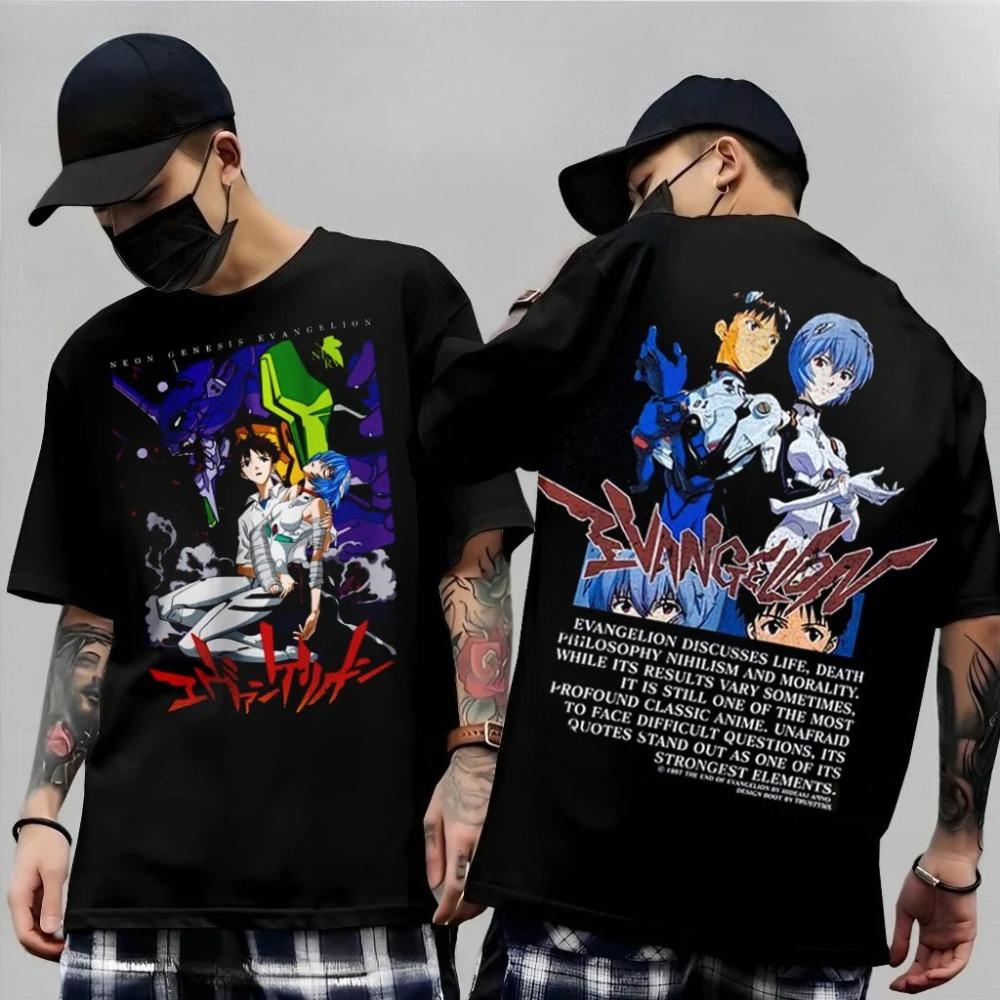 Neon Genesis Evangelion Vintage Double-Sided Print T-Shirt, Unisex Anime Streetwear Tee, 100% Cotton Loose Casual Top