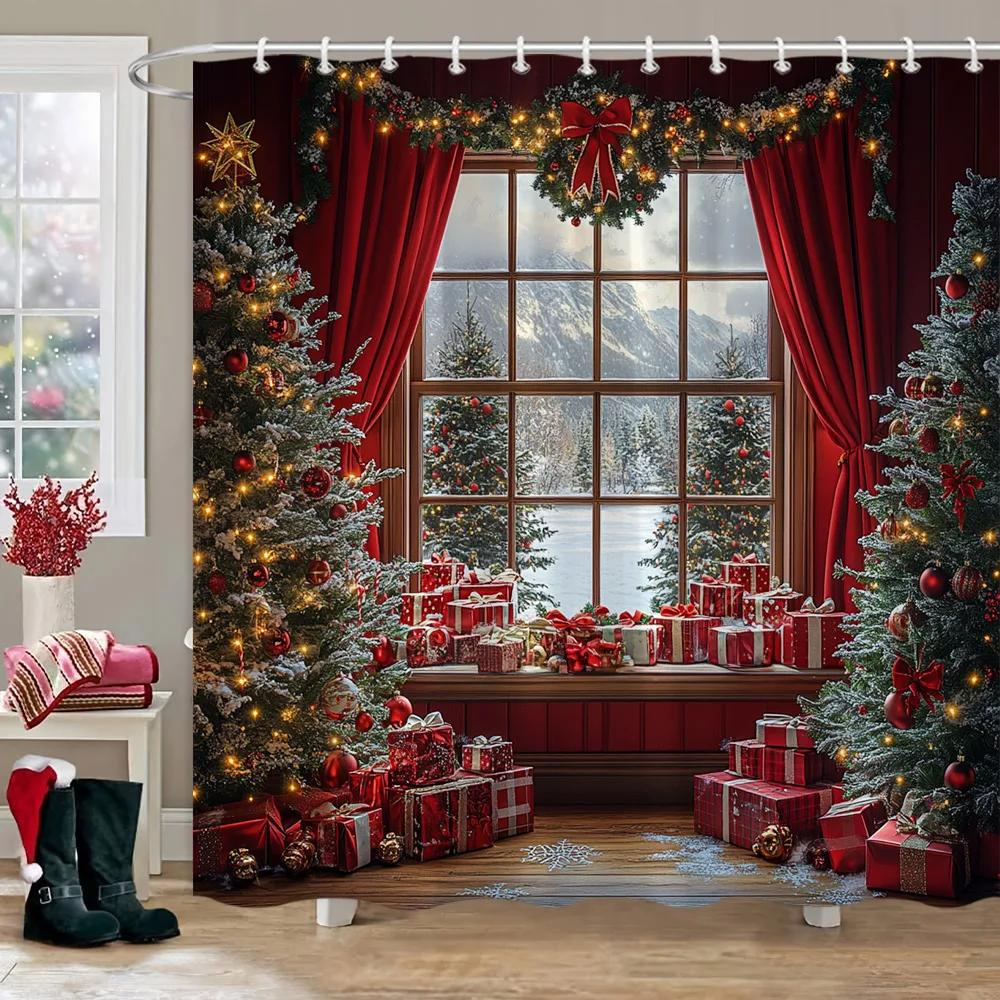 Decor de Crăciun Perdea de Duș Scenă de Iarnă cu Zăpadă Brad de Crăciun Cadouri de Crăciun Perdele de Duș din Poliester Decor Baie
