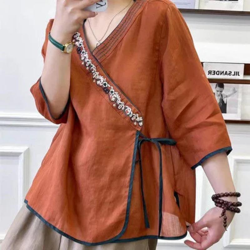 V Neck Chinese Style Embroidered Linen Short Sleeved T Shirt Women's Summer Tie Loose Tea Jacket