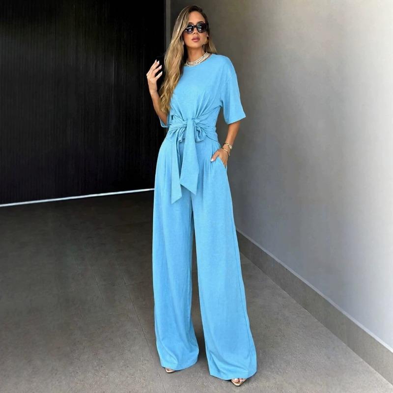 New Summer/Fall Collection Solid-Color Round-Neck Short-Sleeve Loose-Fit Wide-Leg Pants Slimming Tie-Waist Set
