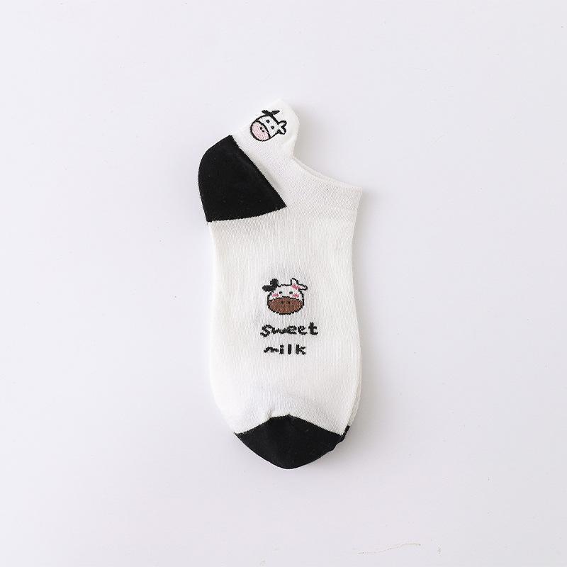 Ladies Spring and Summer Embroidered Striped Cartoon Black and White Cow Sweet Cute Short Tube Socks