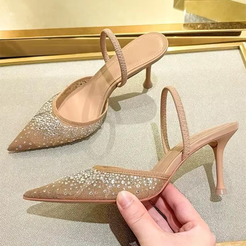 Luxury  Shiny Rhinestone Mesh Heeled Sandals Women Summer Sexy Pointed Toe Slingbacks Thin High Heels Elegant Dress Shoe