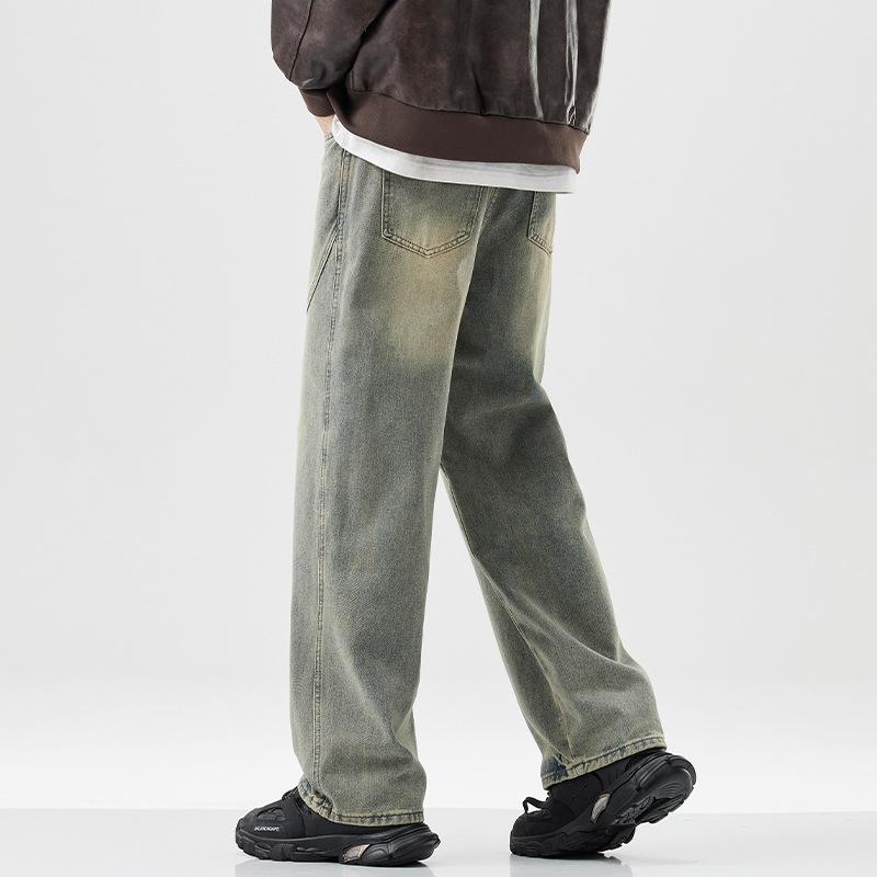 New American Jeans for Men's Washing and Antique Yellow Mud Wide-leg Pants
