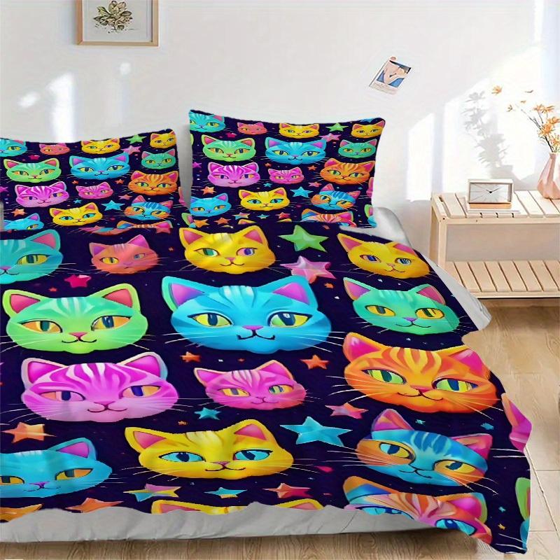 3pcs Colorful Cats Bedding Set, Suitable for Bedroom Decoration, (Includes 1 Duvet Cover And 2 Pillowcases, Quilt Not Included) yy250822117
