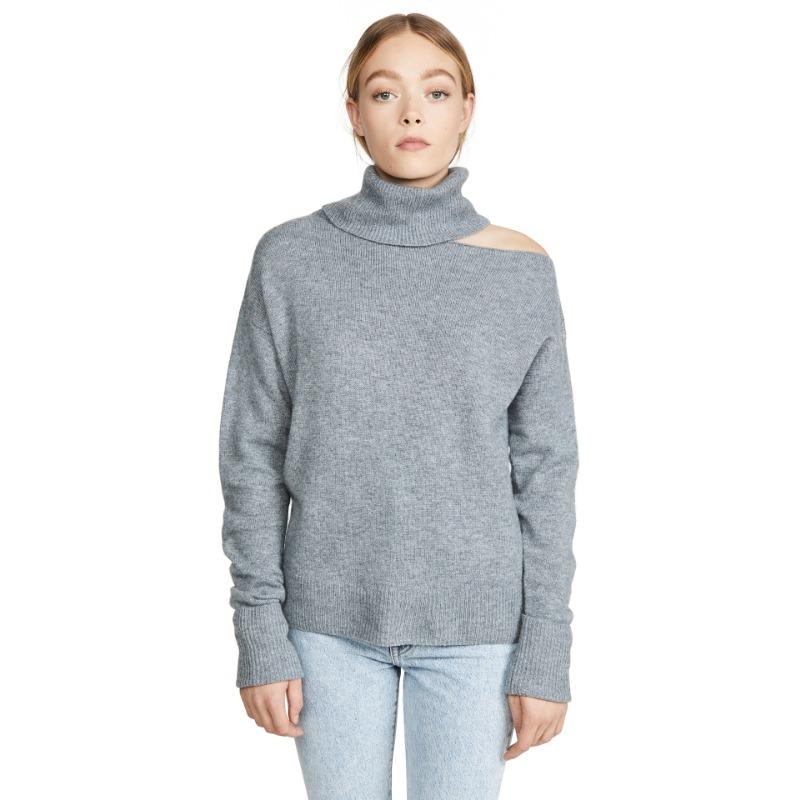 Autumn and Winter Women's Knitwear Solid Colour Lapel Leakage Shoulder Sexy Knitted Sweater