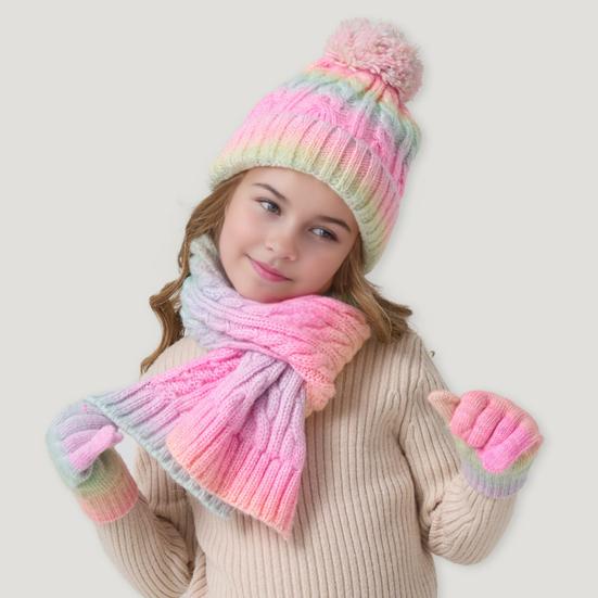 3Pcs/Set Kid Hat Scarf Gloves Set Rainbow Color Plush Ball Decor Knitted Hat Windproof Scarf Gloves Set Winter Accessories